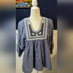 Max Studio blue embroidered boho peasant blouse. Size SMALL